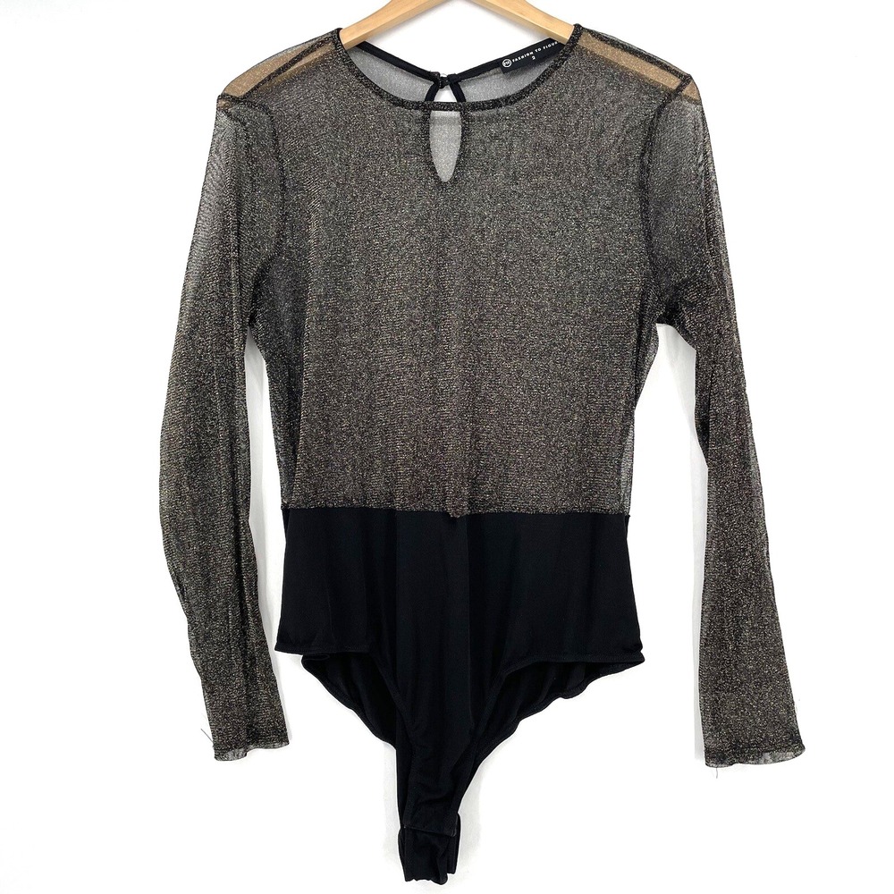 Fashion To Figure Bodysuit Size 2X Shimmer Sheer Gold Threading Long Sleeve Sexy